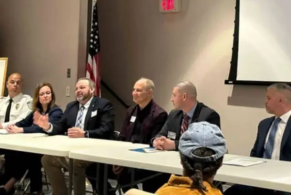 gathering at St. Luke's Warren Campus, LEAD Phillipsburg, Prevention is Key, local law enforcement, and the Warren County Prosecutor, Mayor, and officials speak about harm reduction and crime statistics in Phillipsburg